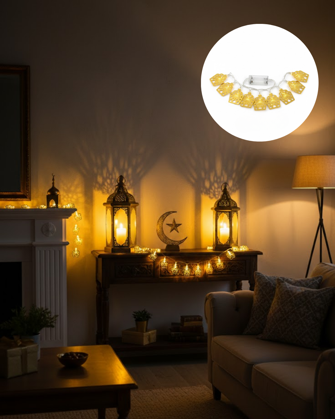 Ev Dekoru İçin Ramazan LED Işık Pilli Sıcak Sarı Cami Figürlü