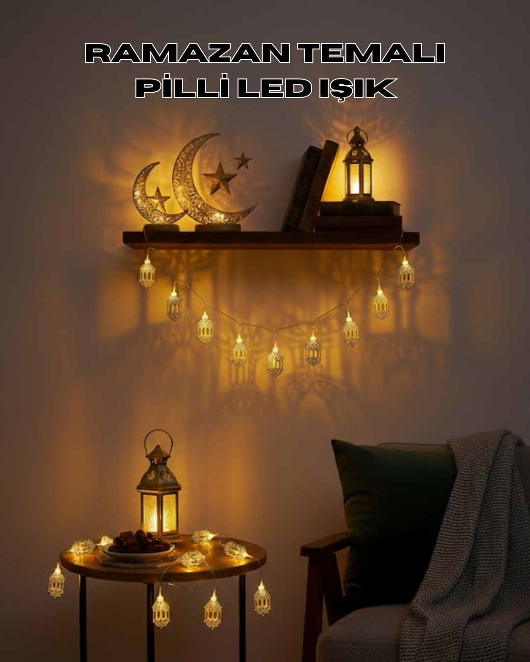 Altın Fener Detaylı Pilli Ramazan LED Işık Ev Dekorasyo...