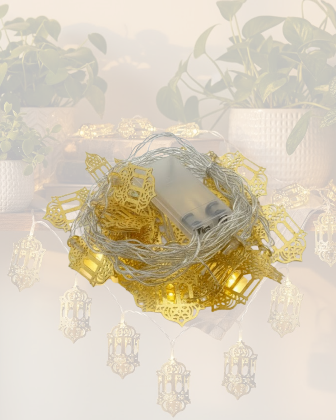 Altın Fener Detaylı Pilli Ramazan LED Işık Ev Dekorasyonu