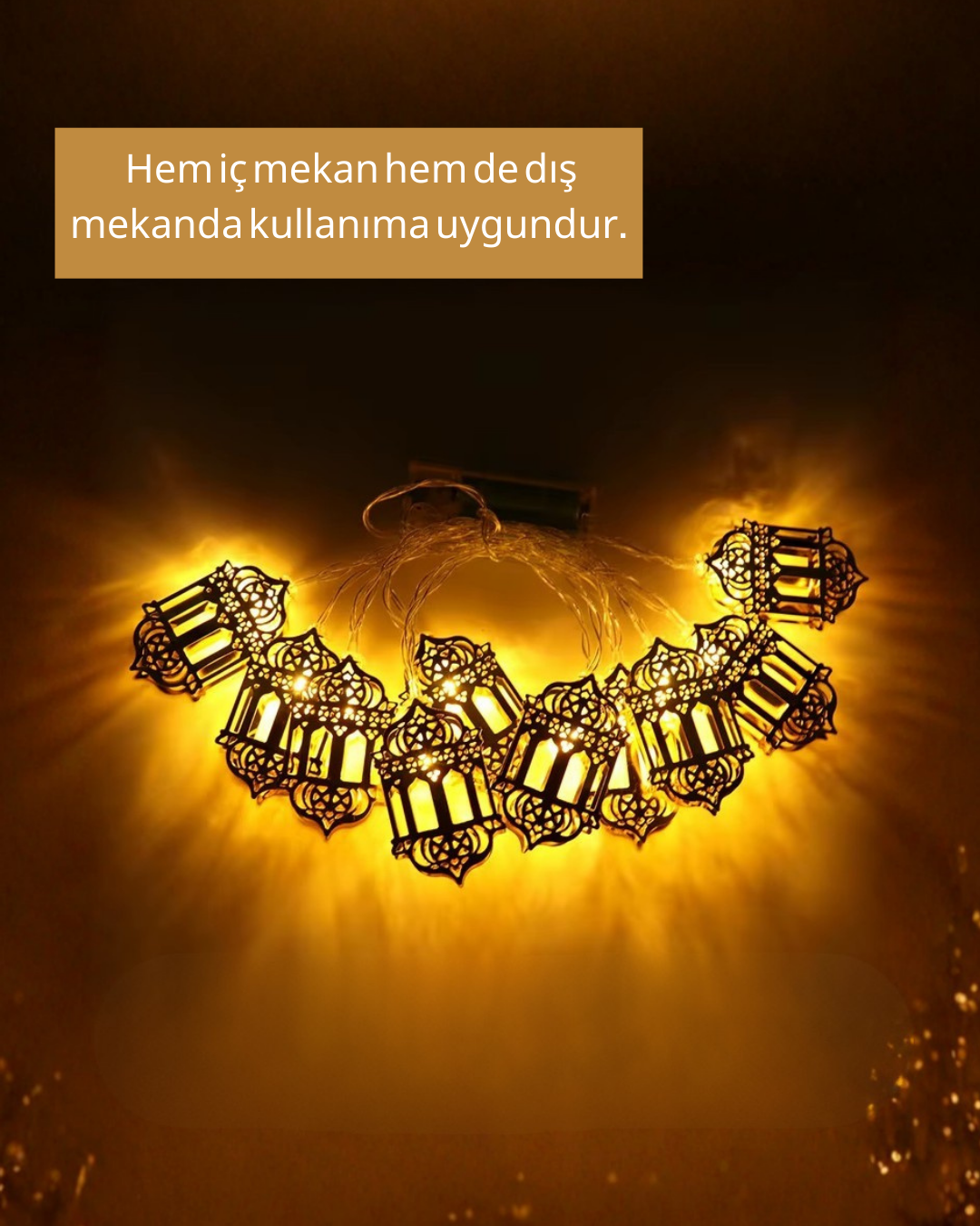 Altın Fener Detaylı Pilli Ramazan LED Işık Ev Dekorasyonu