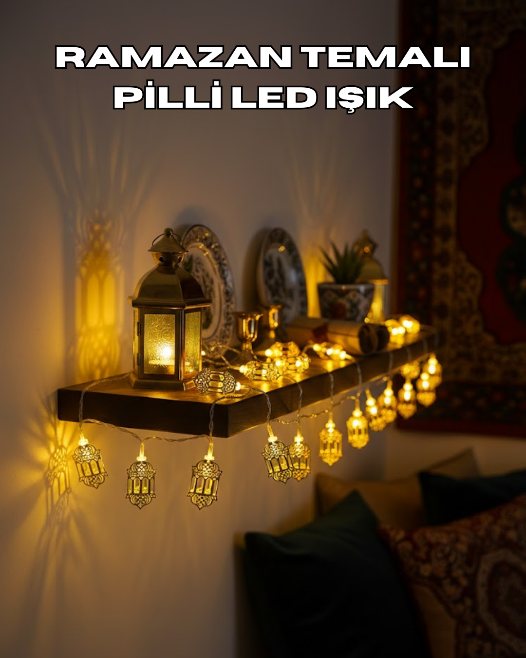 Pilli Altın Fenerli Ramazan Işıkları Dekoratif LED Zinc...