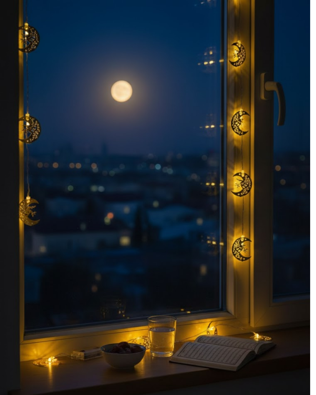 Ramazan Minare Detaylı Hilal LED Işık Günışığı Sarı Metal Süs