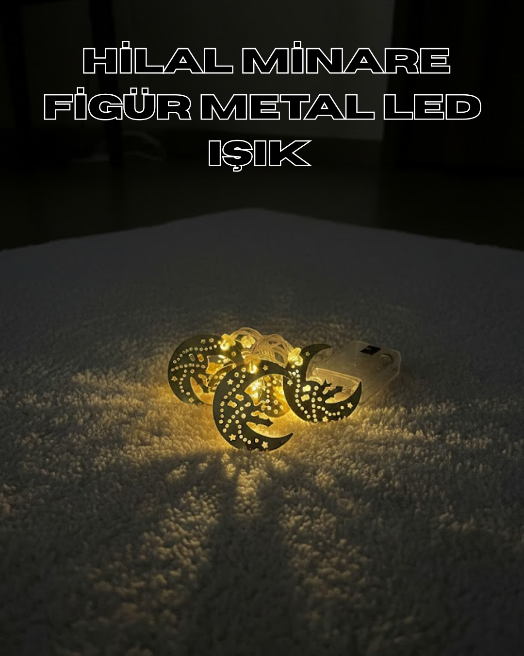 Gold Renk Metal Minareli Hilal LED Işık Pilli Ramazan S...