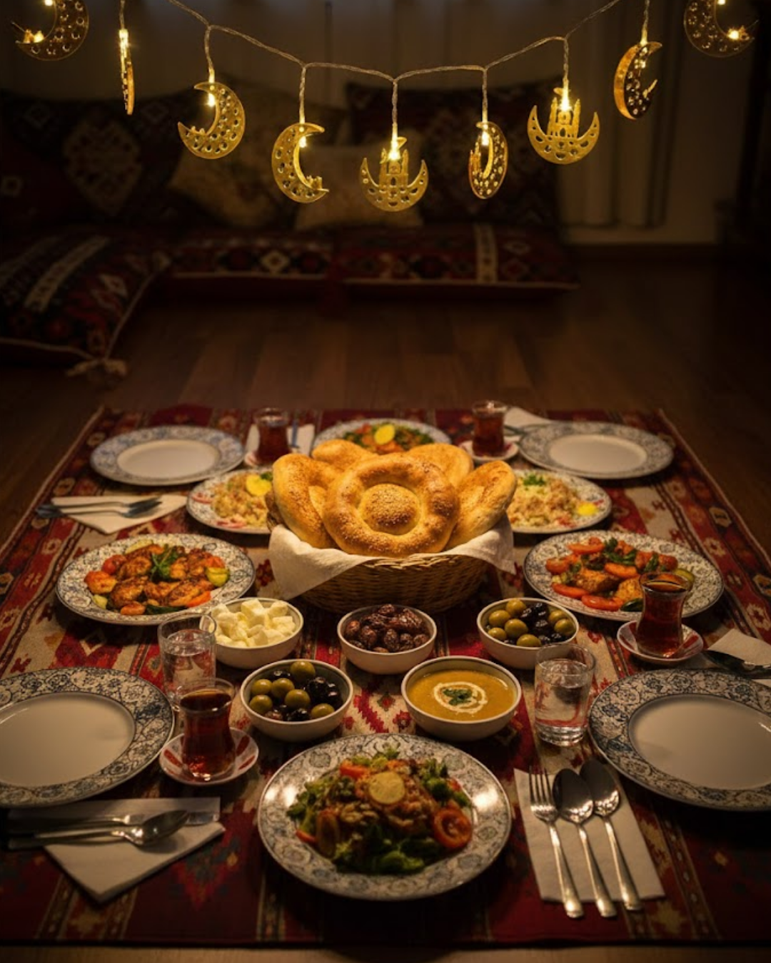 Pilli Minareli Hilal LED Işık Gold Metal Ramazan Dekorasyonu