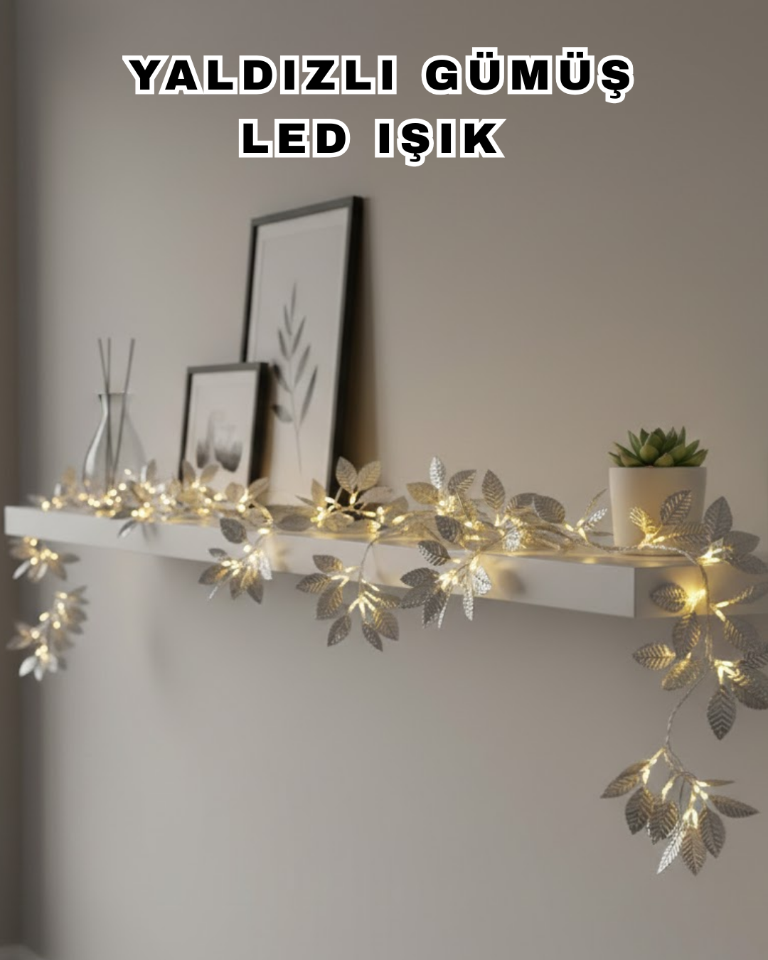 Yaldızlı Gümüş Yaprak LED Işık Pilli Dekoratif Ortam ve...