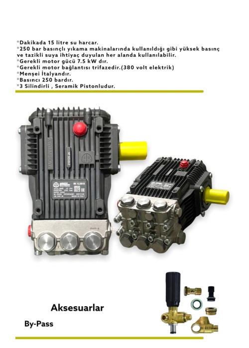 250 Bar Ar Italyan 15/25 Yüksek Basınçlı Su Pompası + By Pass