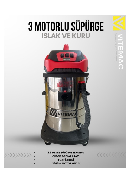 VITEMAC 3 MOTORLU ISLAK KURU SÜPÜRGE ENDÜSTRİYEL OTO YIKAMA VE KOLTUK YIKAMA SÜPÜRGESİ