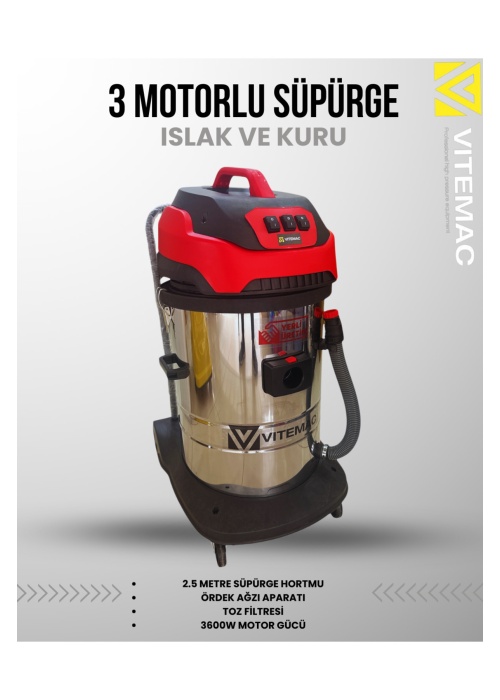 VITEMAC 3 MOTORLU ISLAK KURU SÜPÜRGE ENDÜSTRİYEL OTO YIKAMA VE KOLTUK YIKAMA SÜPÜRGESİ