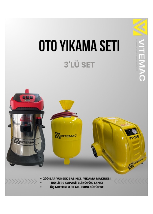 OTO YIKAMA SETİ 3 LÜ SET  200 BAR YIKAMA -  100 LİTRE KÖPÜK TANKI  -3MOTORLU SÜPÜRGE TAM SET