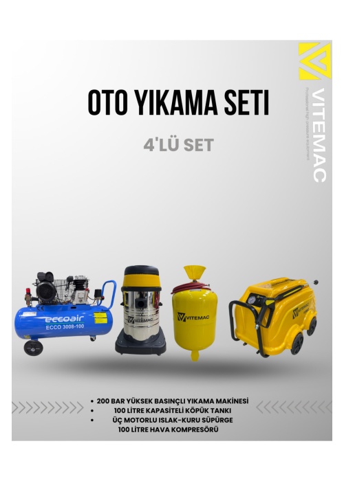 4LÜ OTO YIKAMA SETİ 200 BAR YIKAMA 100 LİTRE KÖPÜK 3 MOTORLU SÜPÜRGE 100 LİTRE KOMPRESÖR
