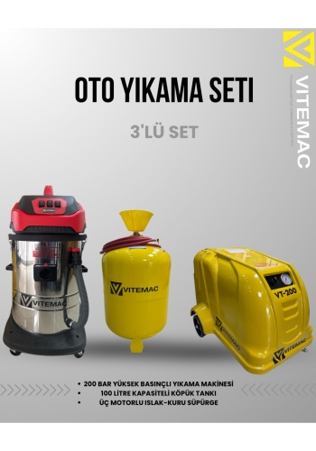 OTO YIKAMA SETİ 3 LÜ SET  200 BAR YIKAMA -  100 LİTRE KÖPÜK TANKI  -3MOTORLU SÜPÜRGE TAM SET