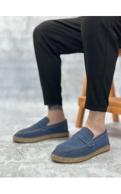 BA0358 BOA Doğal Deri Tozu Bağcıklı Kauçuk El Yapımı Espadril Taban Mavi Renk Erkek Ayakkabı