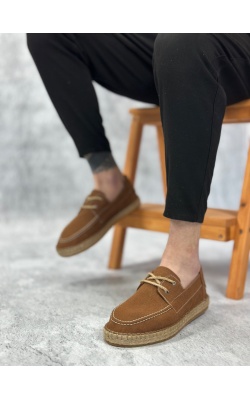 BA0358 BOA Doğal Deri Tozu Bağcıklı Kauçuk El Yapımı Espadril Taban Taba Renk Erkek Ayakkabı