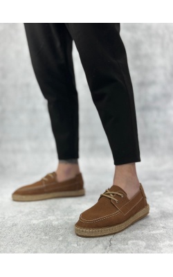 BA0358 BOA Doğal Deri Tozu Bağcıklı Kauçuk El Yapımı Espadril Taban Taba Renk Erkek Ayakkabı