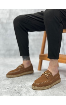 BA0358 BOA Doğal Deri Tozu Bağcıklı Kauçuk El Yapımı Espadril Taban Taba Renk Erkek Ayakkabı