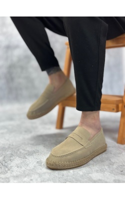 BA0359 BOA Doğal Deri Tozu Bağcıksız Kauçuk El Yapımı Espadril Taban Krem Renk Erkek Ayakkabı