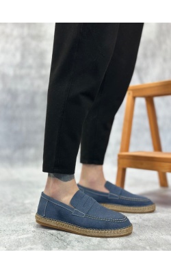 BA0359 BOA Doğal Deri Tozu Bağcıksız Kauçuk El Yapımı Espadril Taban Mavi Renk Erkek Ayakkabı