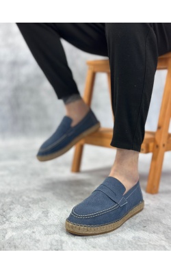 BA0359 BOA Doğal Deri Tozu Bağcıksız Kauçuk El Yapımı Espadril Taban Mavi Renk Erkek Ayakkabı