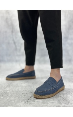 BA0359 BOA Doğal Deri Tozu Bağcıksız Kauçuk El Yapımı Espadril Taban Mavi Renk Erkek Ayakkabı