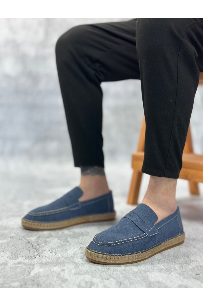 BA0358 BOA Doğal Deri Tozu Bağcıklı Kauçuk El Yapımı Espadril Taban Mavi Renk Erkek Ayakkabı