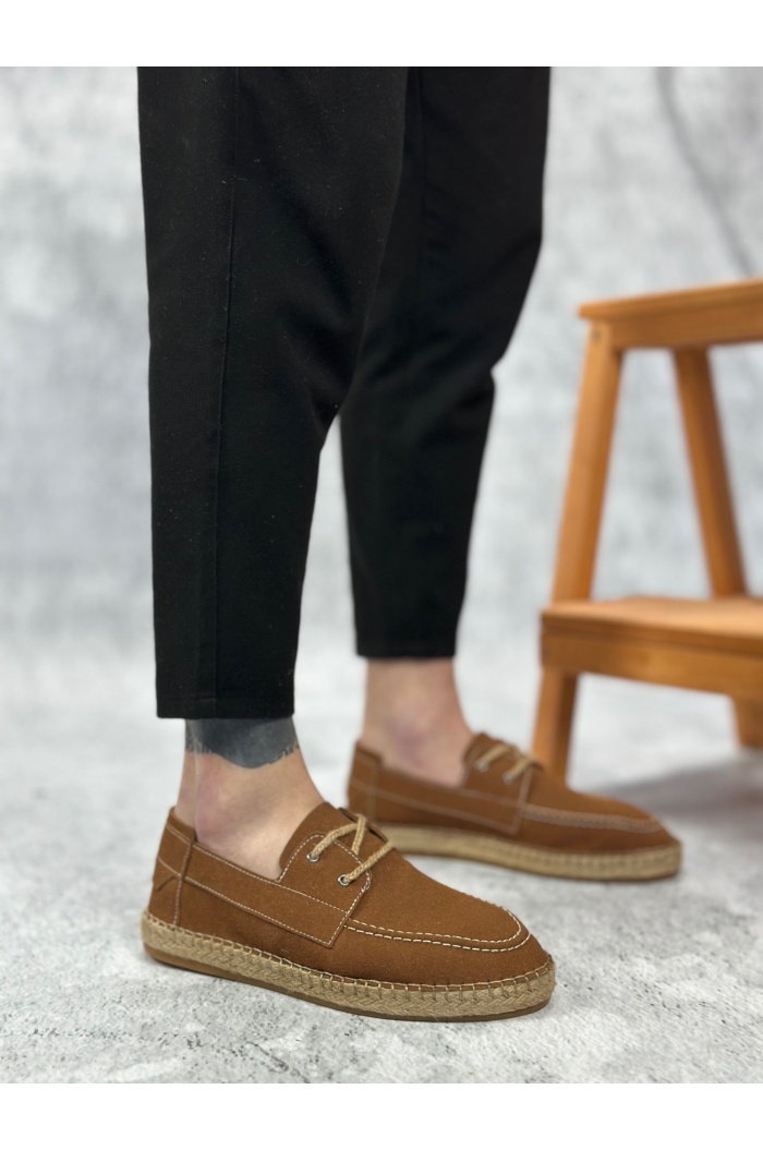 BA0358 BOA Doğal Deri Tozu Bağcıklı Kauçuk El Yapımı Espadril Taban Taba Renk Erkek Ayakkabı