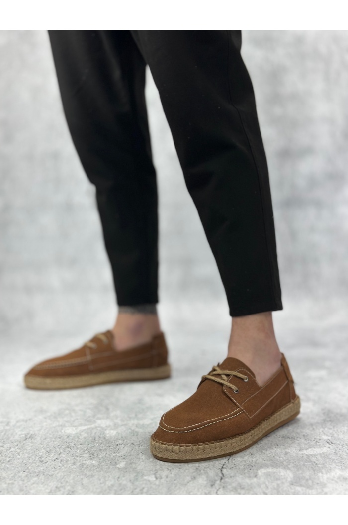 BA0358 BOA Doğal Deri Tozu Bağcıklı Kauçuk El Yapımı Espadril Taban Taba Renk Erkek Ayakkabı