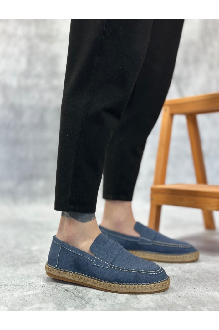 BA0359 BOA Doğal Deri Tozu Bağcıksız Kauçuk El Yapımı Espadril Taban Mavi Renk Erkek Ayakkabı