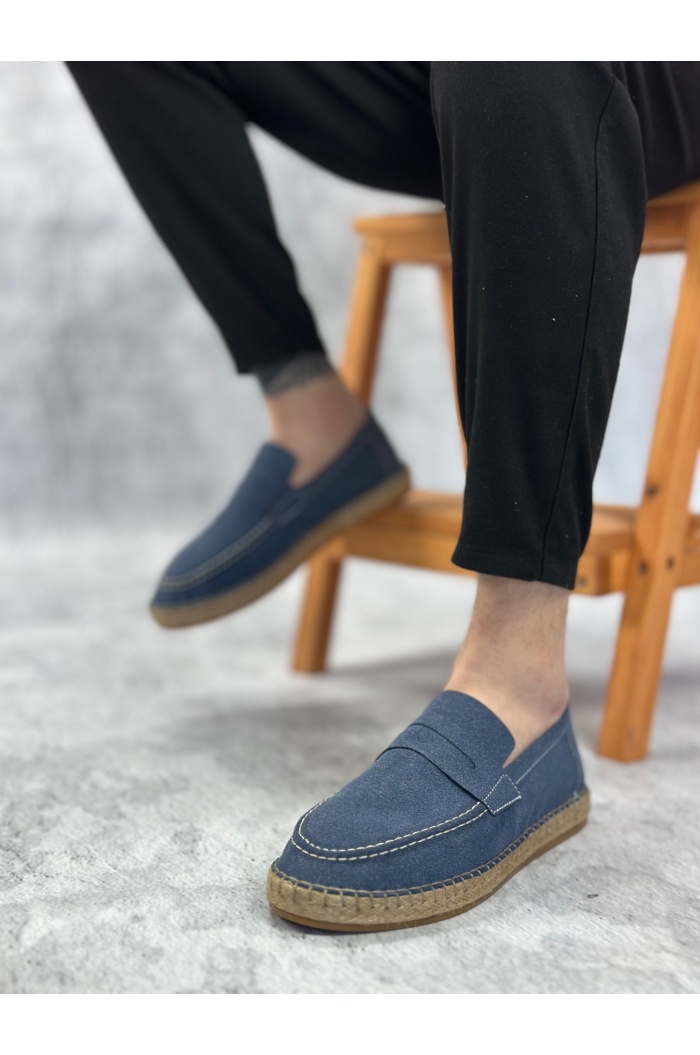 BA0359 BOA Doğal Deri Tozu Bağcıksız Kauçuk El Yapımı Espadril Taban Mavi Renk Erkek Ayakkabı
