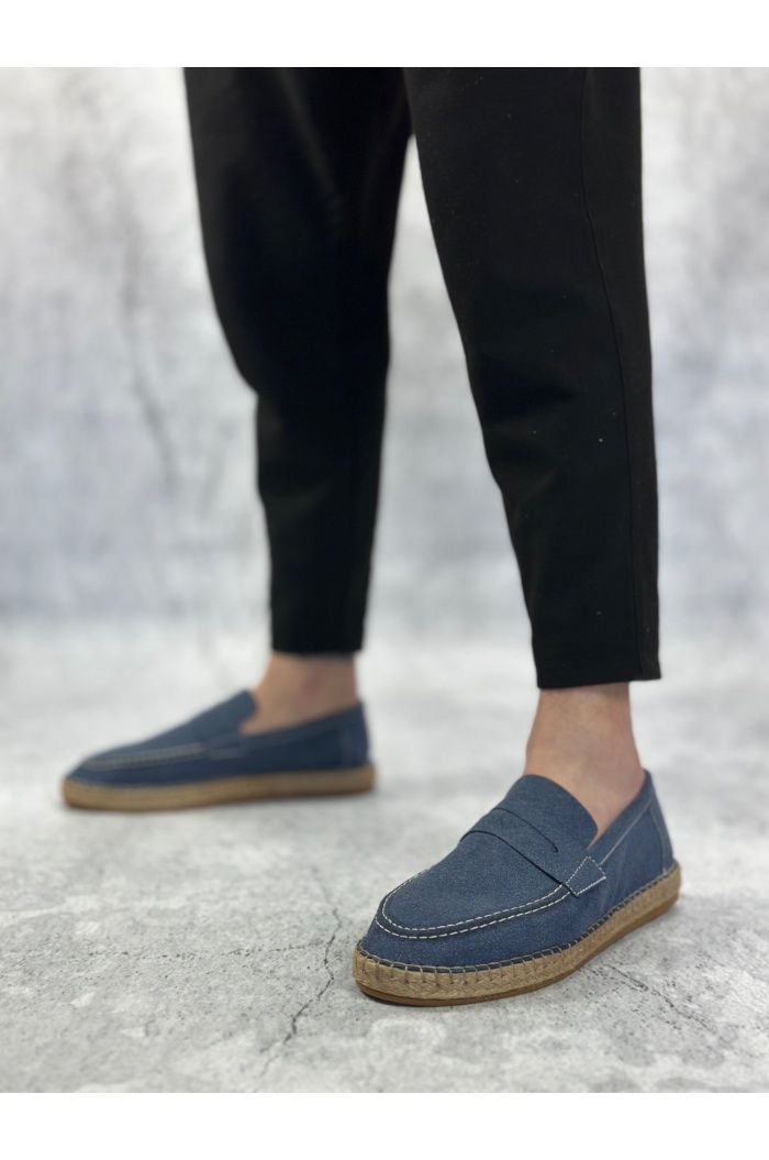 BA0359 BOA Doğal Deri Tozu Bağcıksız Kauçuk El Yapımı Espadril Taban Mavi Renk Erkek Ayakkabı