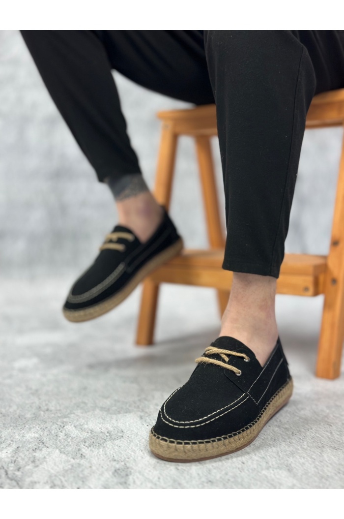 BA0358 BOA Doğal Deri Tozu Bağcıklı Kauçuk El Yapımı Espadril Taban Siyah Renk Erkek Ayakkabı