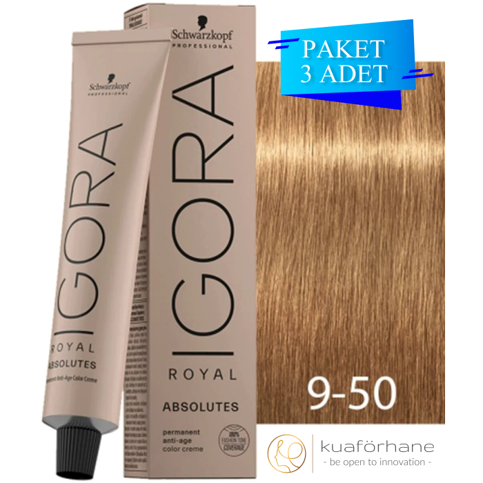 SCHWARZKOPF IGORA ROYAL ABSOLUTES SAÇ BOYASI 9.50 SARI DOĞAL ALTIN 60 ML (PAKET 3 ADET)