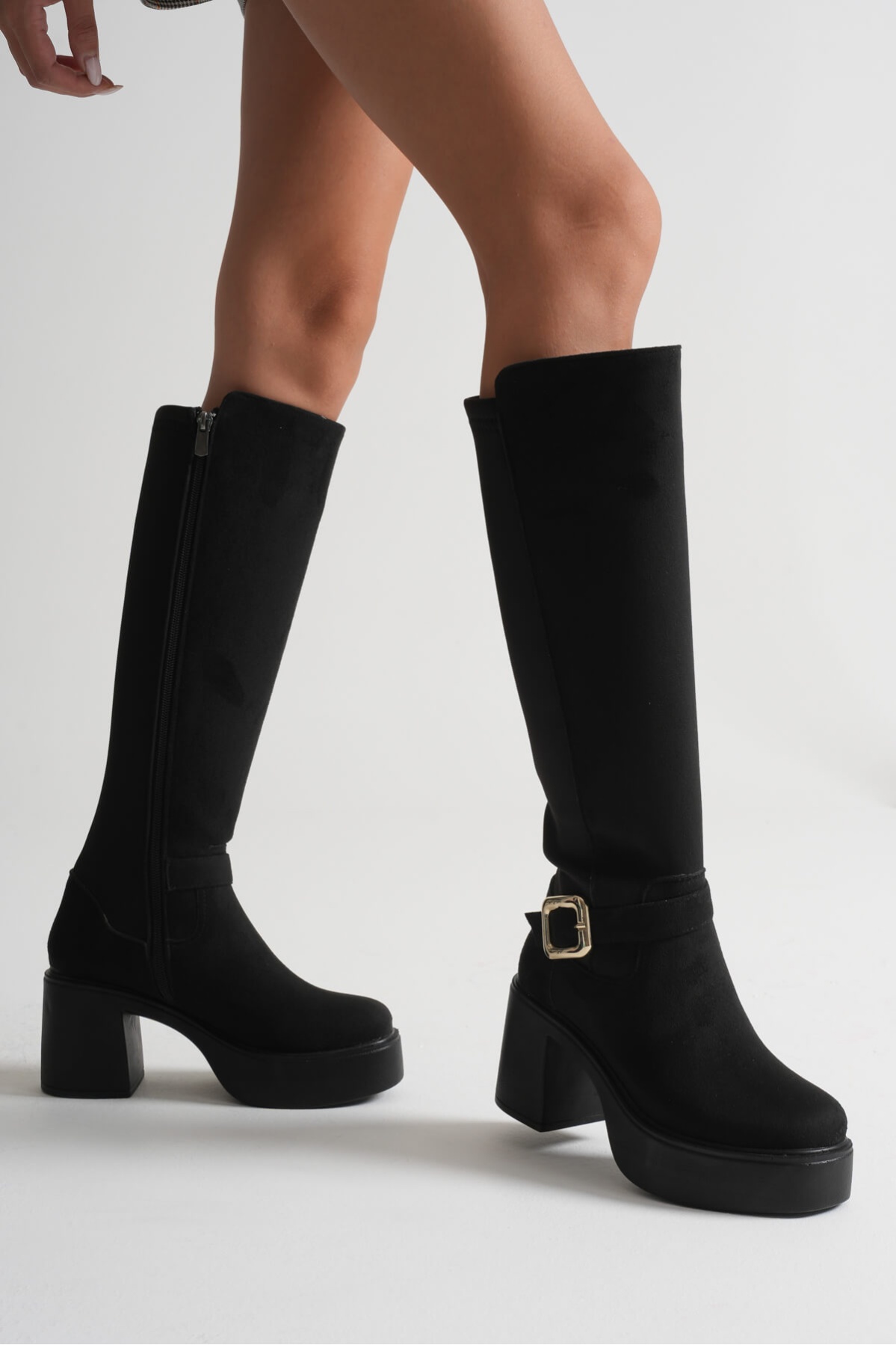 Woly Kadın Günlük Siyah Süet Tokalı Çizme