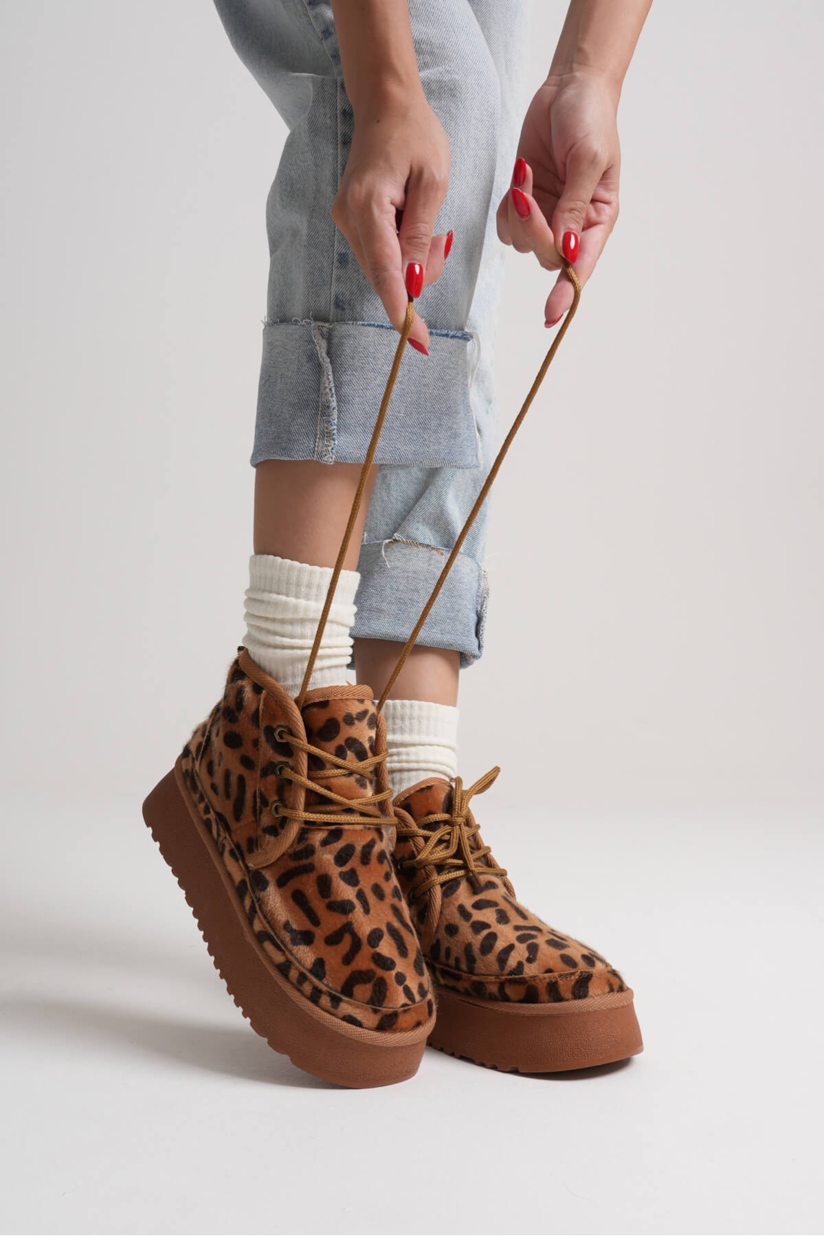 Elena Kadın Kışlık İçi Kürklü Kalın Taban Leopar Desen Bot