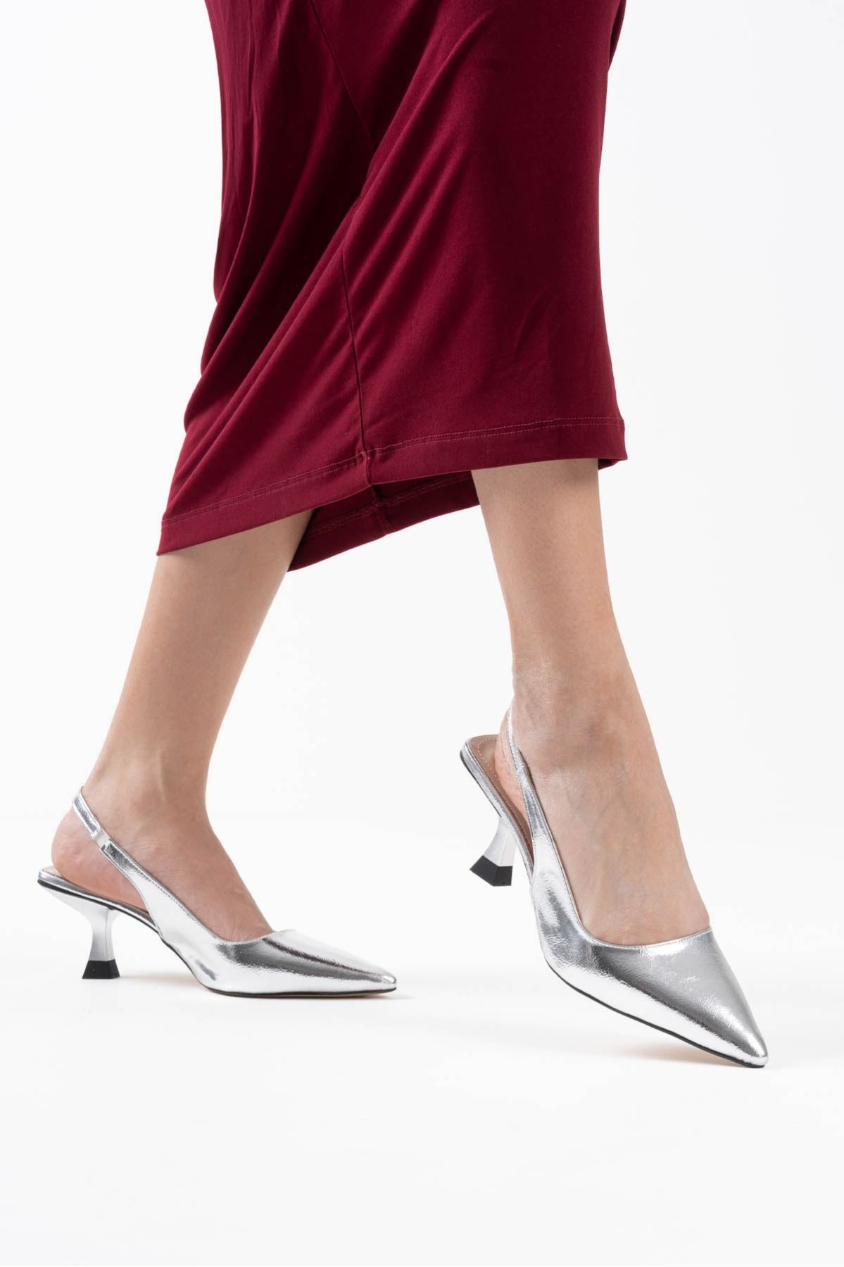 Angelica Kadın Gümüş Kırışık Rugan Topuklu Ayakkabı