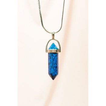 Labradorit Doğal Taşı Zincirli El Yapımı Tasarımlı Kolye Uç: 3,5 cm Zincir: 20 cm Kutulu