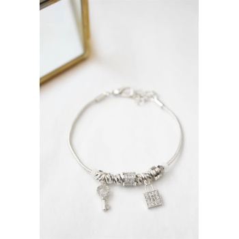 Kilit Anahtar Charmlı  Bileklik - Gümüş