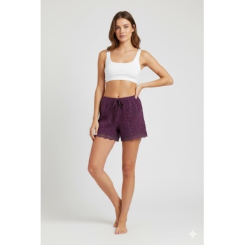 Düz Renk Mini Çiçek Desenli Penye Kadın Ev Şortu Bacak Dantel Detaylı Ev Giyim Gül Kurusu