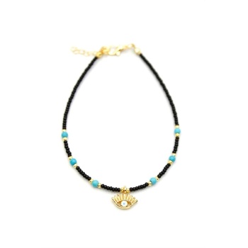 Boncuklu Göz Halhal - Siyah