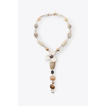 Taşlı Çiçek Kolye - Altın