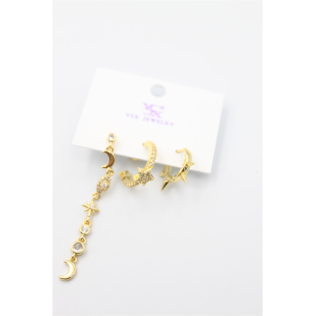 3lü Ay Yıldız Küpe - Altın