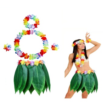 Yetişkin Hawaii Kostüm Seti - Yaprak Etek & Hawaii Set - 5 Parça