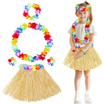 Yetişkin Çocuk Hawaii Parti Seti - 40 cm Naturel Etek + Çiçek Aksesuarlar (5 Parça)