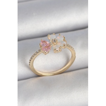 Pirinç Gold Renk Beyaz Mineli Pembe Zirkon Taşlı Çiçek Model Kadın Yüzük - TJ-BYK3709