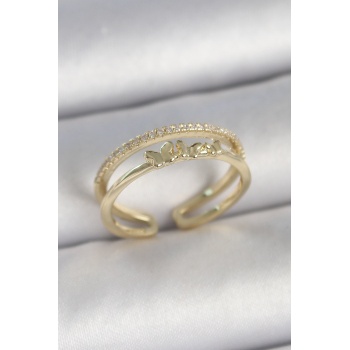 Pirinç Gold Renk 2Li Sıra Zirkon Taş Detaylı Kelebek Figürlü Ayarlanabilir Model Kadın Yüzük - TJ-BYK3733