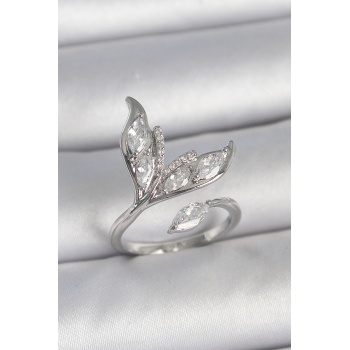 Pirinç Gümüş Renk Zirkon Taşlı Balık Kuyruğu Model Ayarlanabilir Kadın Yüzük - TJ-BYK3744