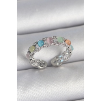 Pirinç Gümüş Renk Renkli Mineli Ayarlanabilir Kadın Yüzük - TJ-BYK3746