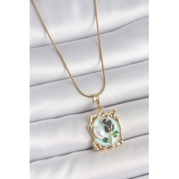 316L Çelik Gold Renk Zincir Mavi Mineli Çiçek İşlemeli İnci Detay Portre Model Kadın Kolye - TJ-BKO10186