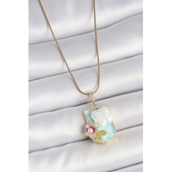 316L Çelik Gold Renk Zincir Mavi Mineli İncili Çiçek İşlemeli Portre Model Kadın Kolye - TJ-BKO10187