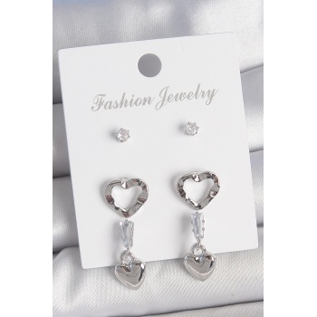 Pirinç Gümüş Renk Zirkon Taş Detaylı Sallantı Model 2 Çift Kadın Küpe Seti - TJ-BKP10595