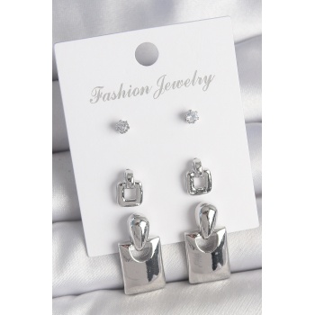 Pirinç Gümüş Renk Zirkon Taş Detay Sallantılı Kare Model 3 Çift Kadın Küpe Seti - TJ-BKP10603